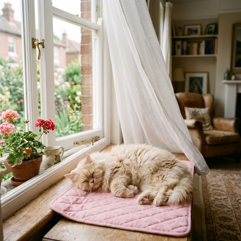 A fluffy cream Persian cat sleeping on a pink cooling mat on a sunny windowsill in a cosy British home