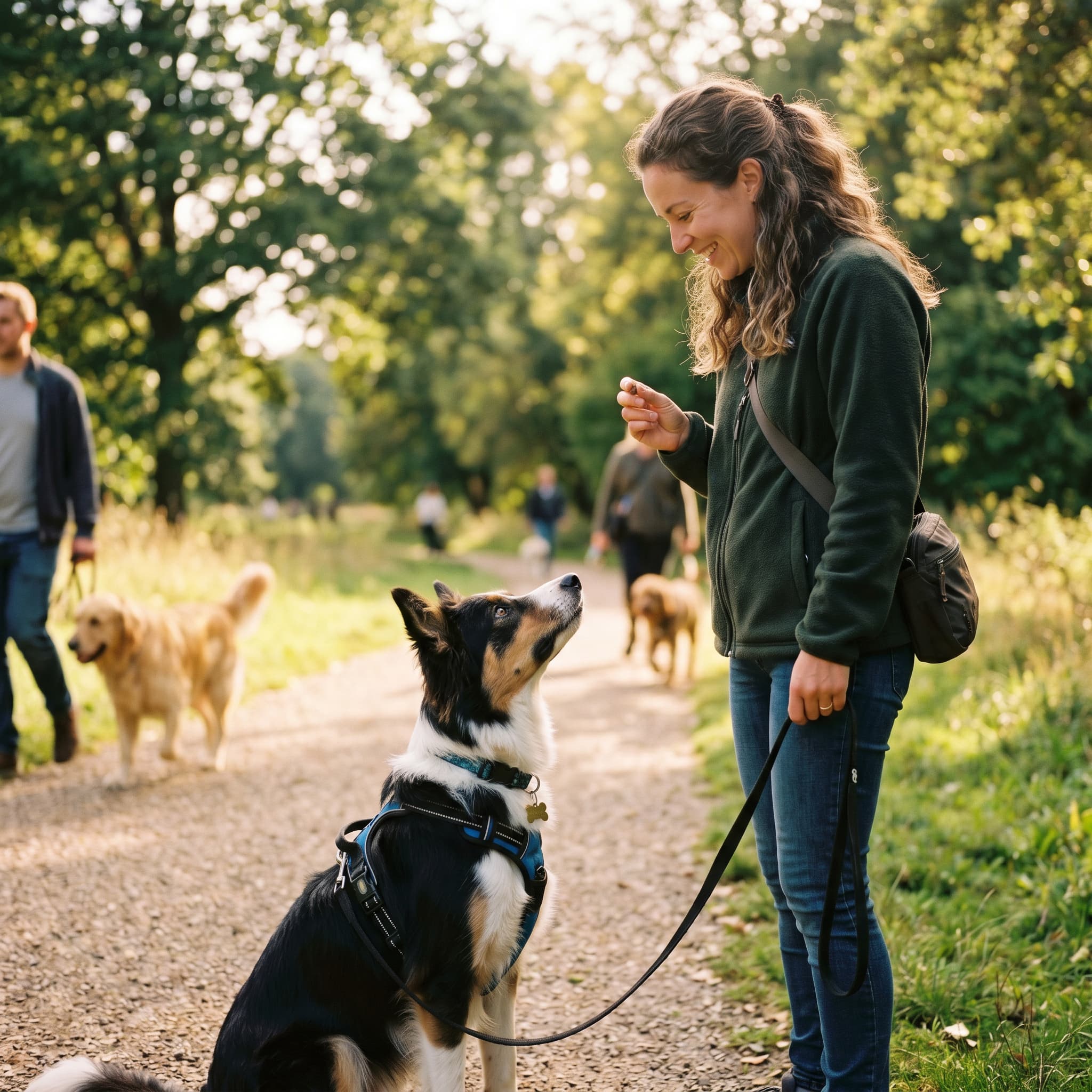A calm dog sitting on a lead beside its owner on a sunny park path with other dogs visible in the background