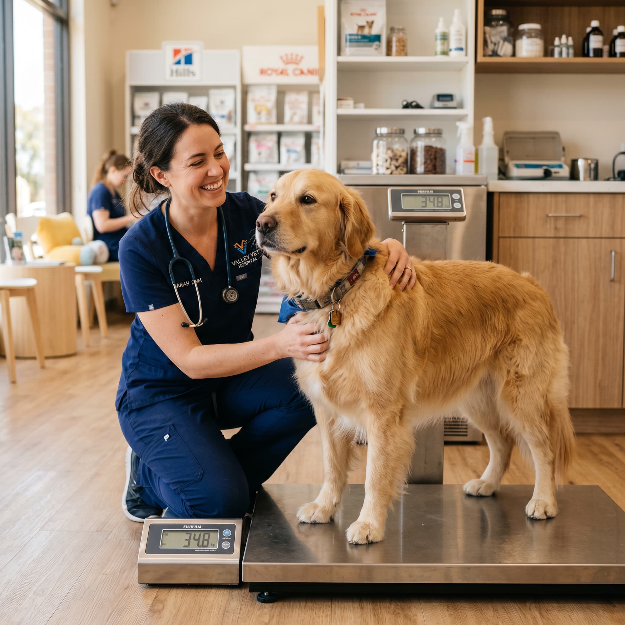 Female vet smiling and weighing a golden retriever on a scale in a bright modern veterinary surgery.
