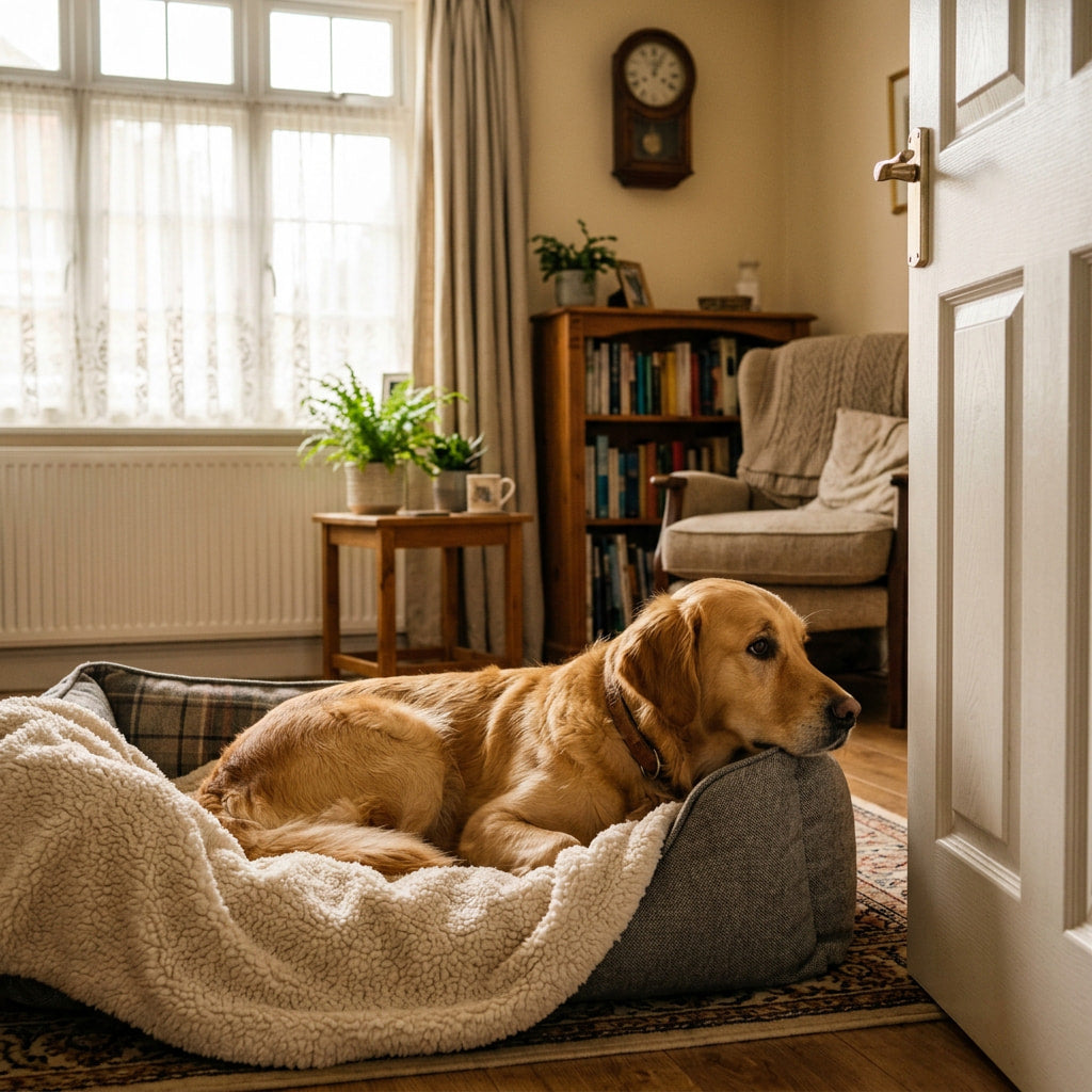 A golden retriever lying on a dog bed in a bright British living room looking out of the window, morning light, calm and slightly wistful expression