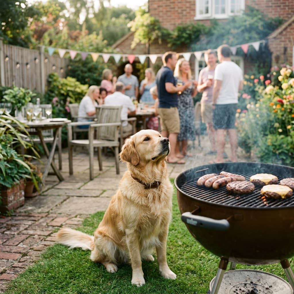 A dog looking up longingly at food on a summer BBQ grill in a UK garden