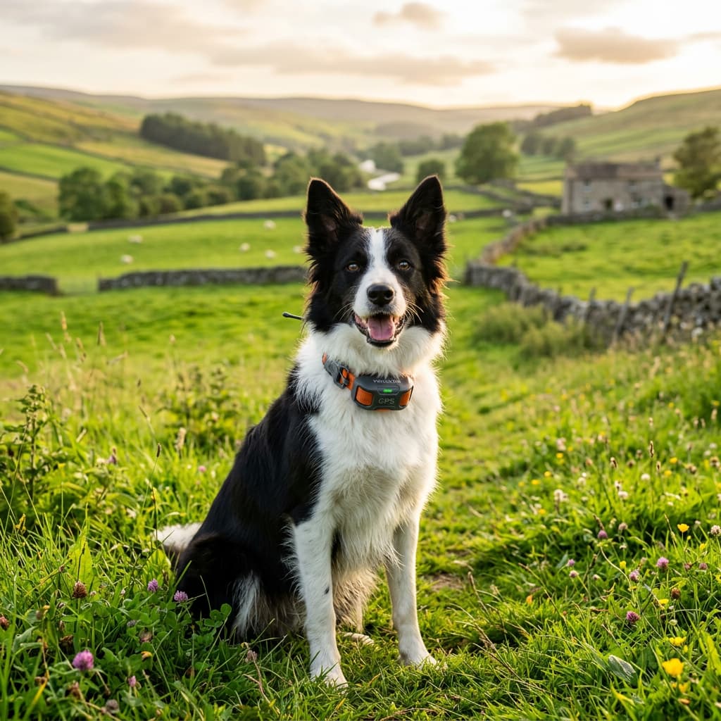 A border collie wearing a GPS tracking collar sitting in a sunny British countryside field