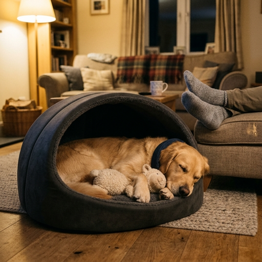 A golden retriever curled up asleep in a cosy cave dog bed, cuddling a plush toy, in a warmly lit living room.