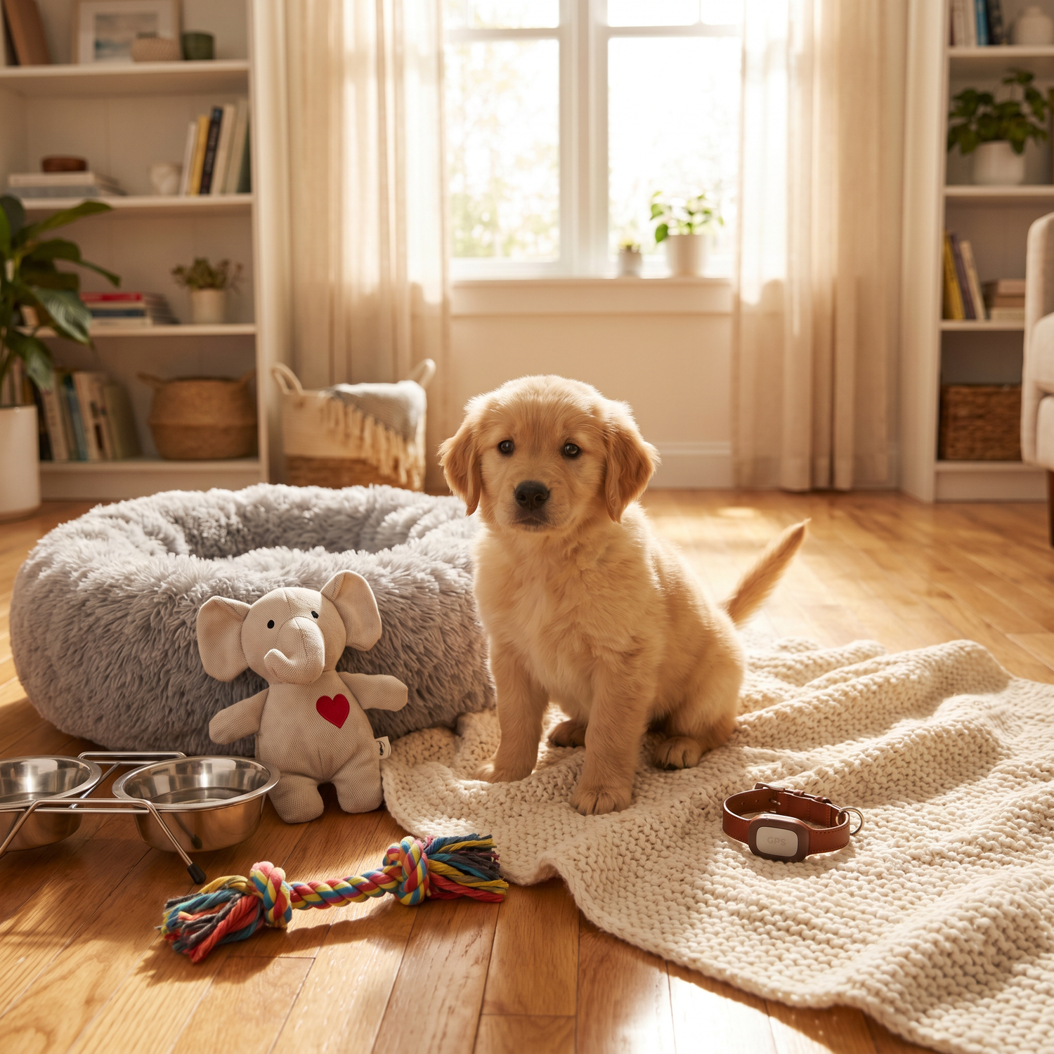 A puppy sitting beside a dog bed, a calming dog plush with calming heartbeat, a GPS dog collar, a food and water bowl, a puppy blanket and dog toys from Urban Pet Shop in a brightly lit room