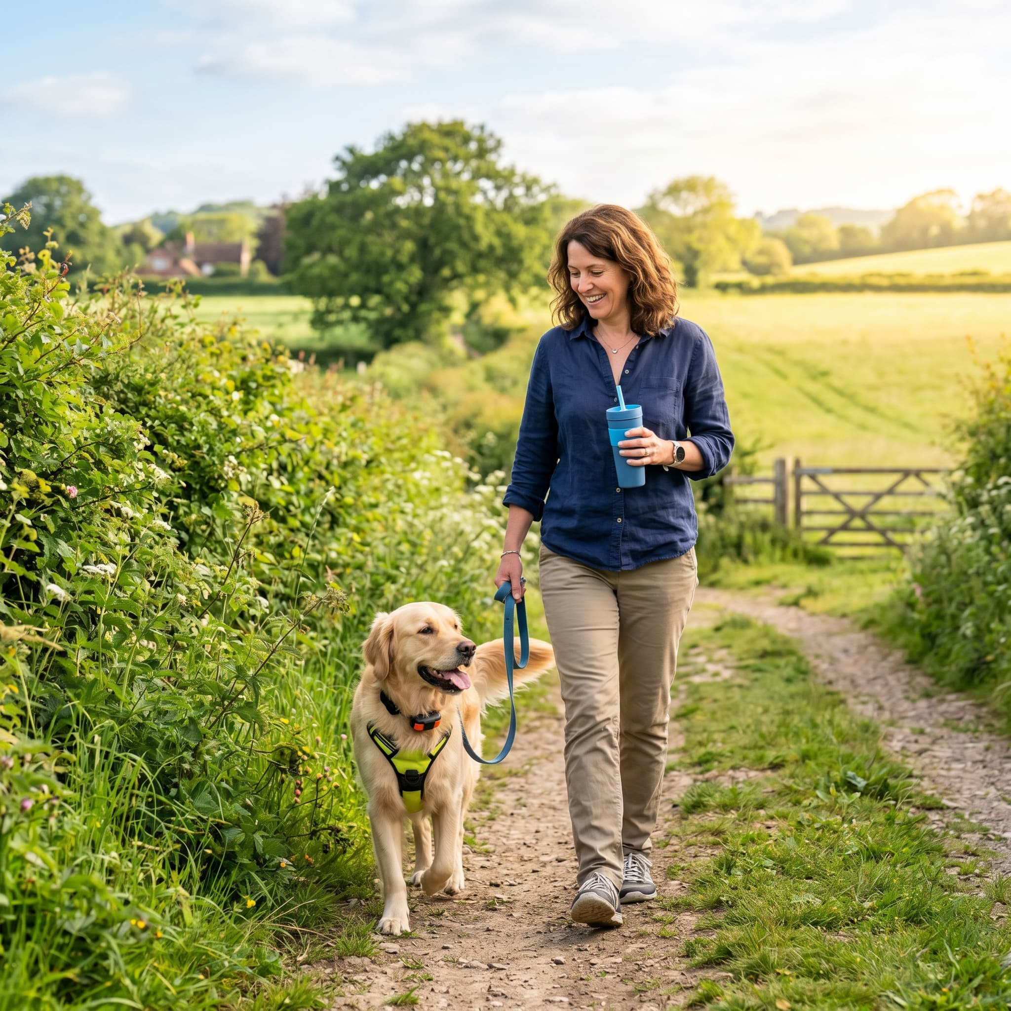 a brunette woman walking her dog in beautiful a english field on a sunny day
