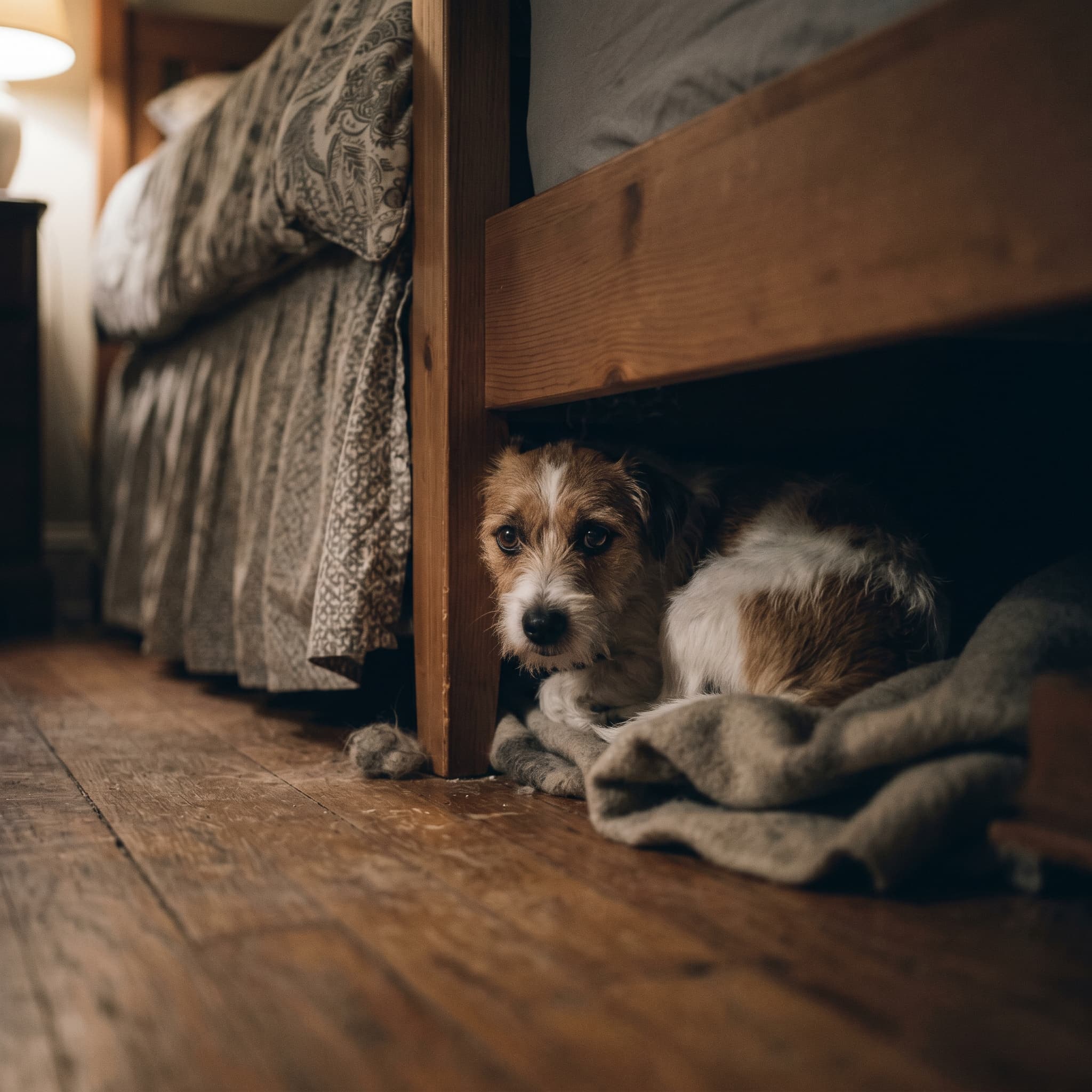 A nervous small dog hiding under a wooden bed frame on a hardwood floor, looking anxious and unsettled