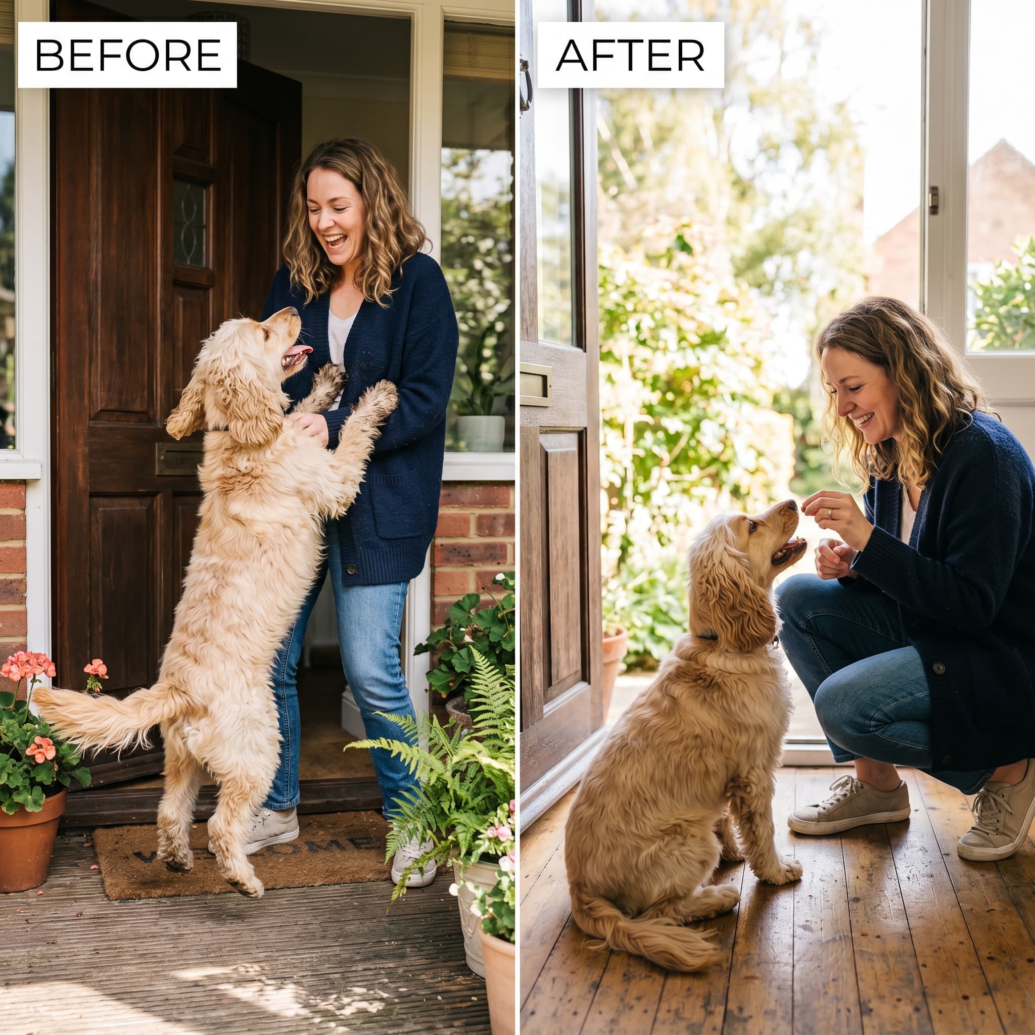 Before and after image showing a dog jumping up at a woman at a front door, then sitting calmly receiving a treat after training.