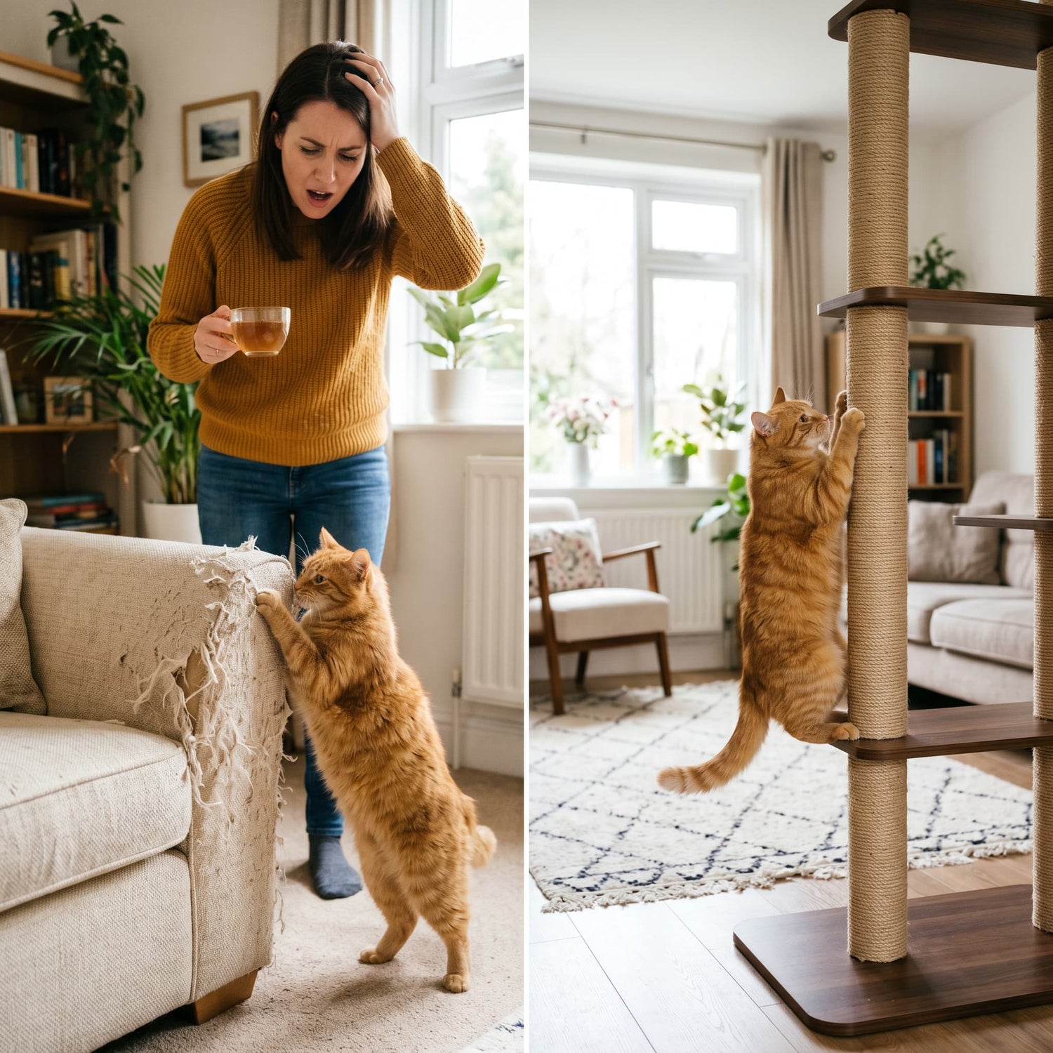 Woman reacting in horror as ginger cat scratches cream sofa — before and after cat scratch tree solution.