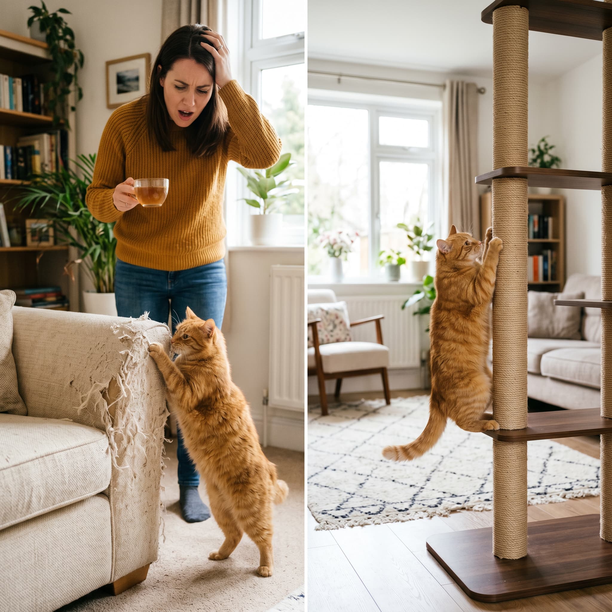 Woman reacting in horror as ginger cat scratches cream sofa — before and after cat scratch tree solution.