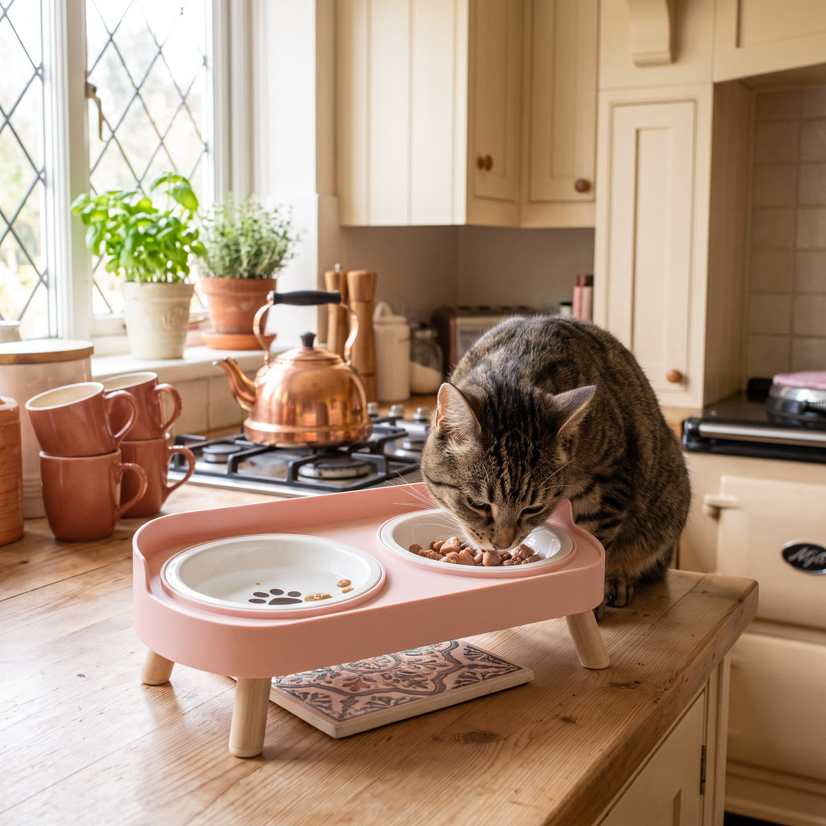 A tabby cat eating comfortably from a wide shallow ceramic bowl on an elevated feeding station in a bright British kitchen, warm natural light