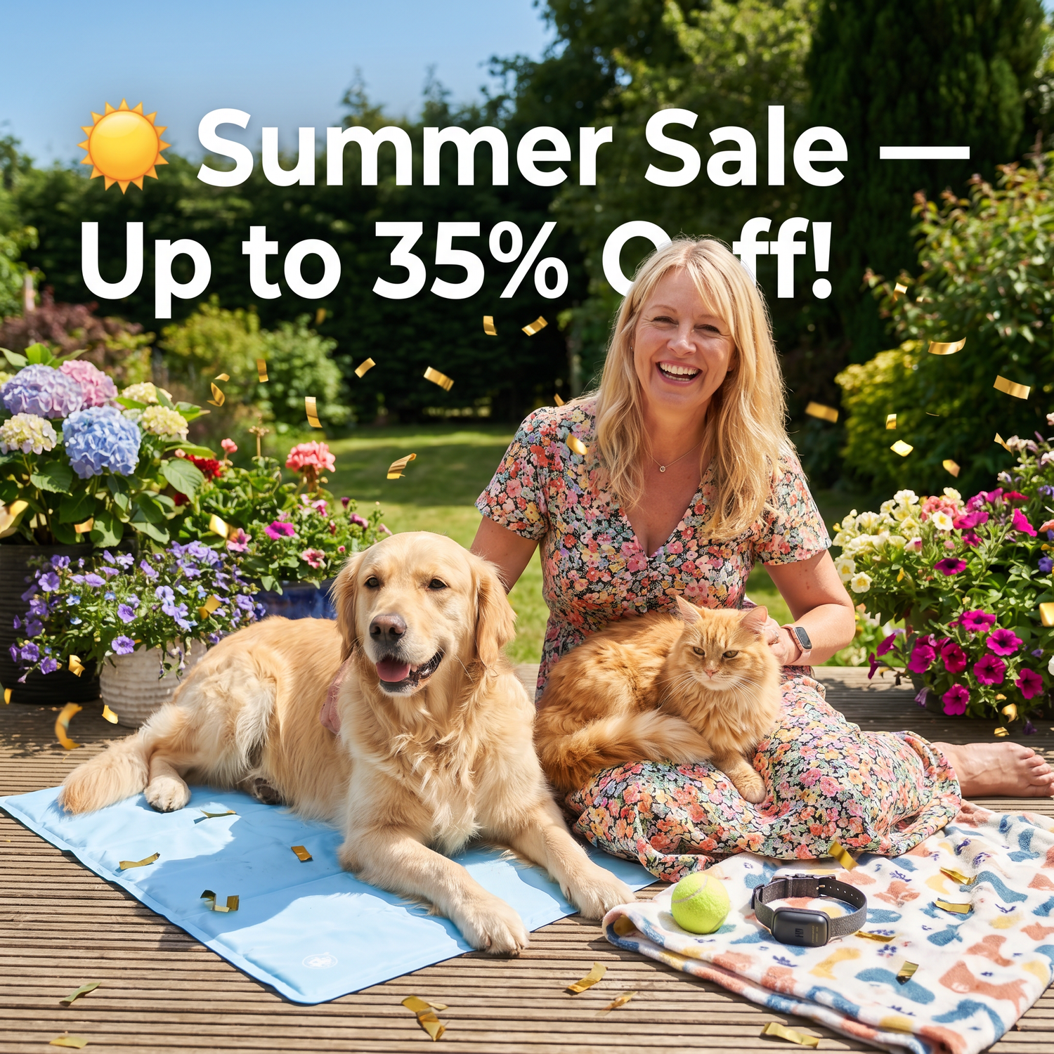Woman with golden retriever and cat in sunny garden — Urban Pet Shop Summer Sale up to 35% off.