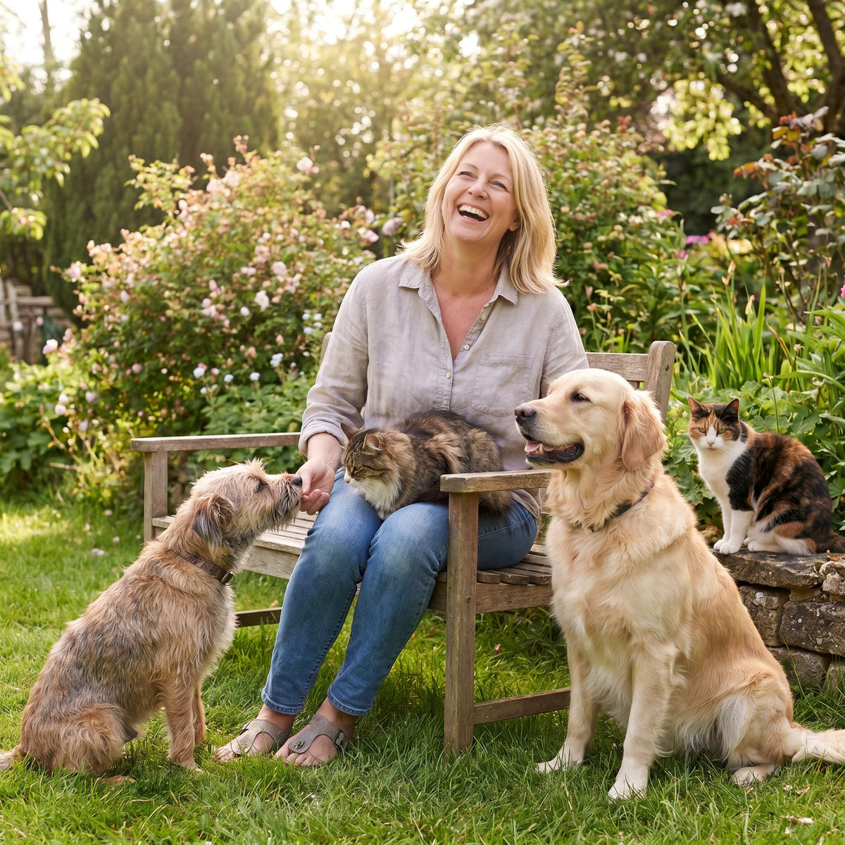 Sarah the founder of urban pet shop sitting outside in her garden on a wooden bench with 2 of her dogs and 2 of her cats beside her on a sunny day