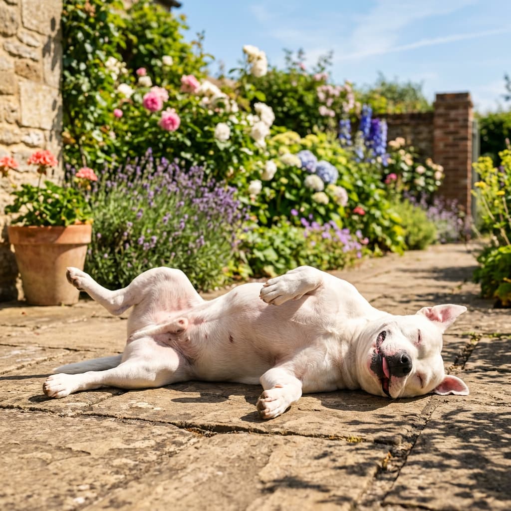 A white Staffordshire bull terrier sunbathing belly-up on a patio in a sunny British garden