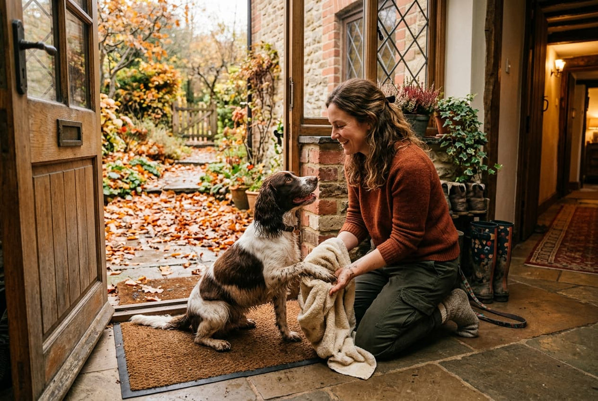 A woman kneeling at the front door of a British cottage drying her wet spaniel with a towel after an autumn walk, golden fallen leaves visible outside