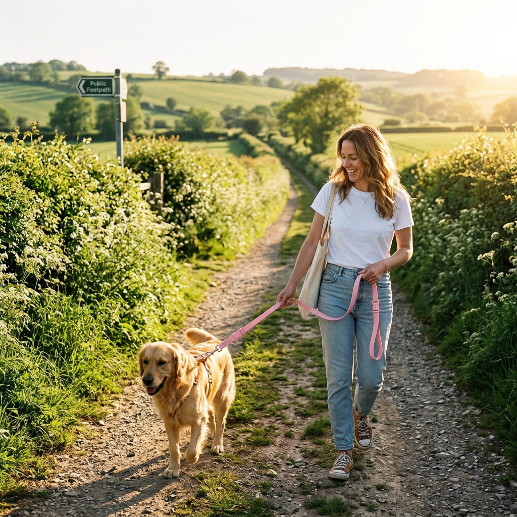 A woman walking her golden retriever on a sunny summer morning along a British countryside path, wearing casual summer clothing, warm golden light
