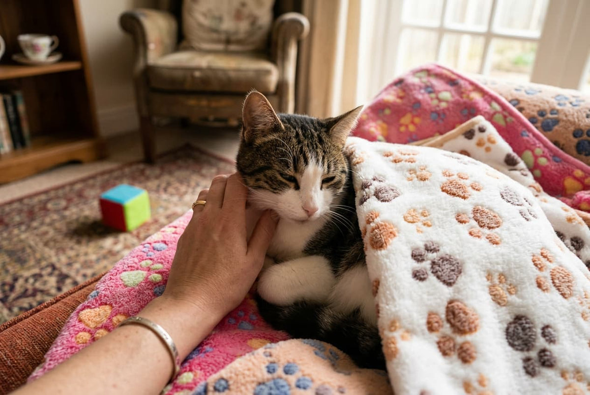 Woman's hand stroking a sleepy cat curled up on a soft blanket at home