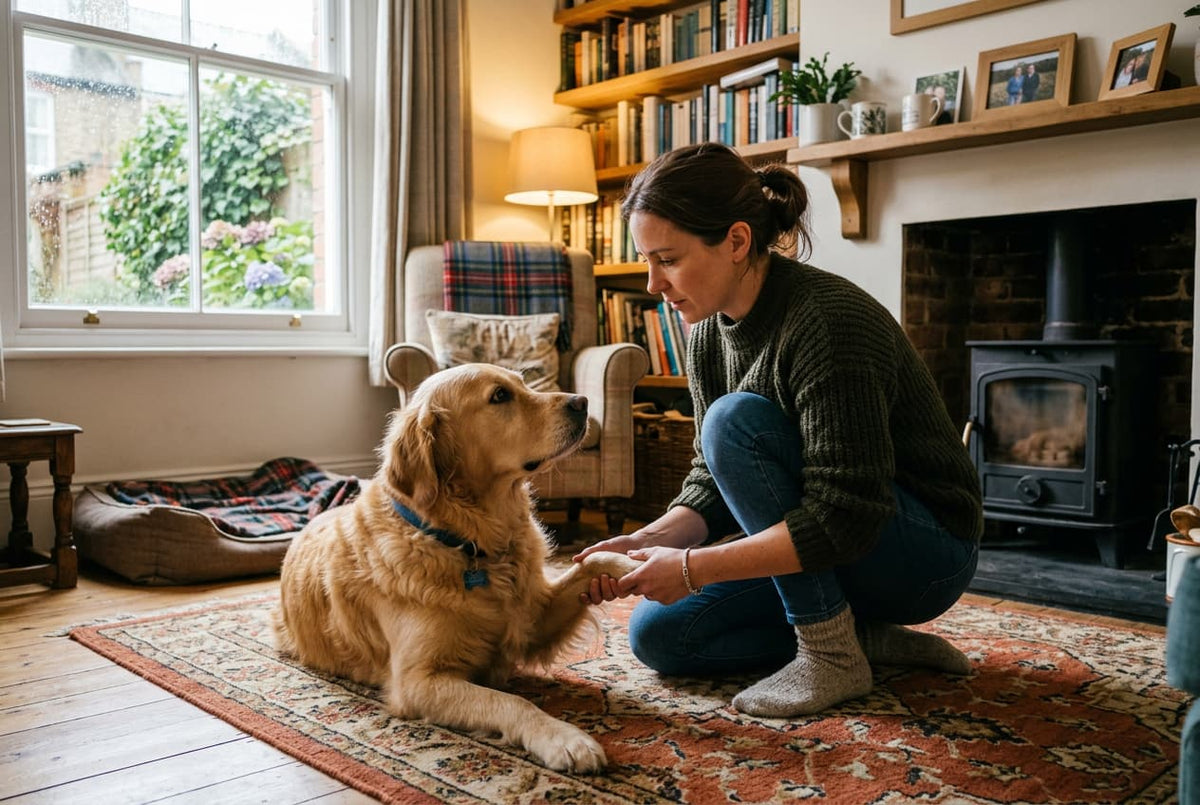 Woman checking her dog's health at home in a cosy British living room