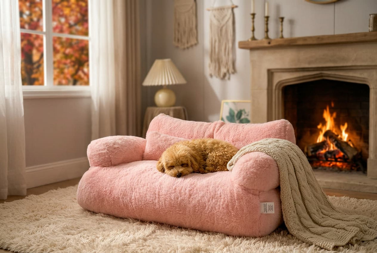 Small golden cockapoo sleeping on a pink royal pet sofa bed in a cosy British living room, pet beds sale at Urban Pet Shop
