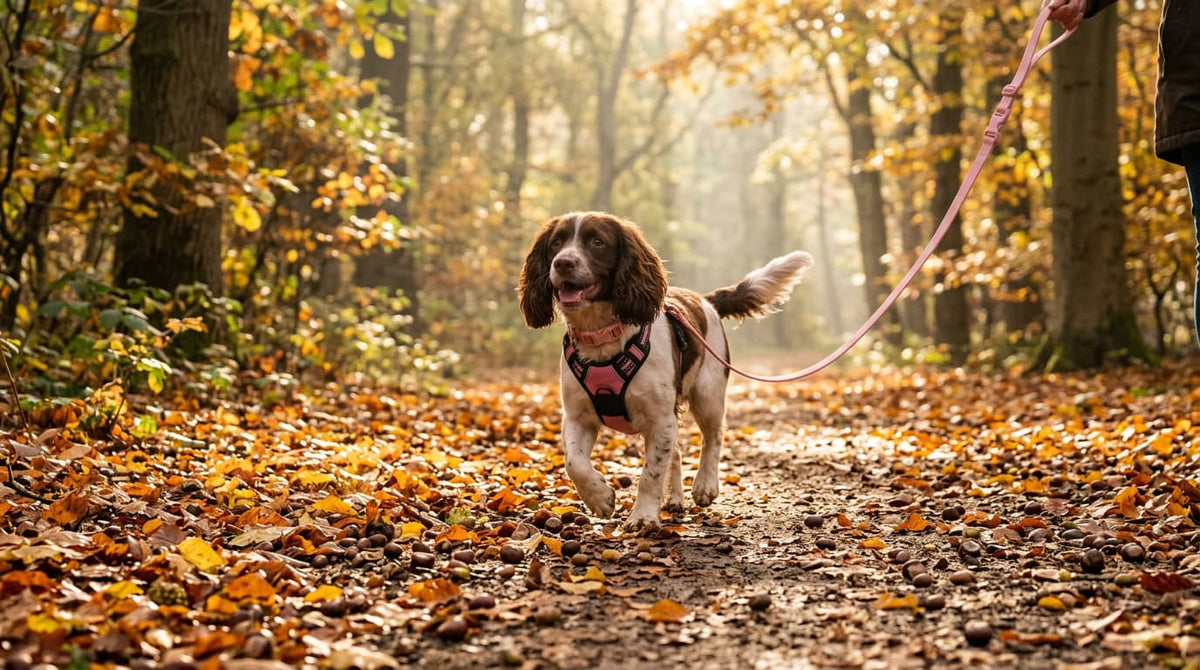 Spaniel on a lead walking through autumn woodland with conkers and acorns on the ground