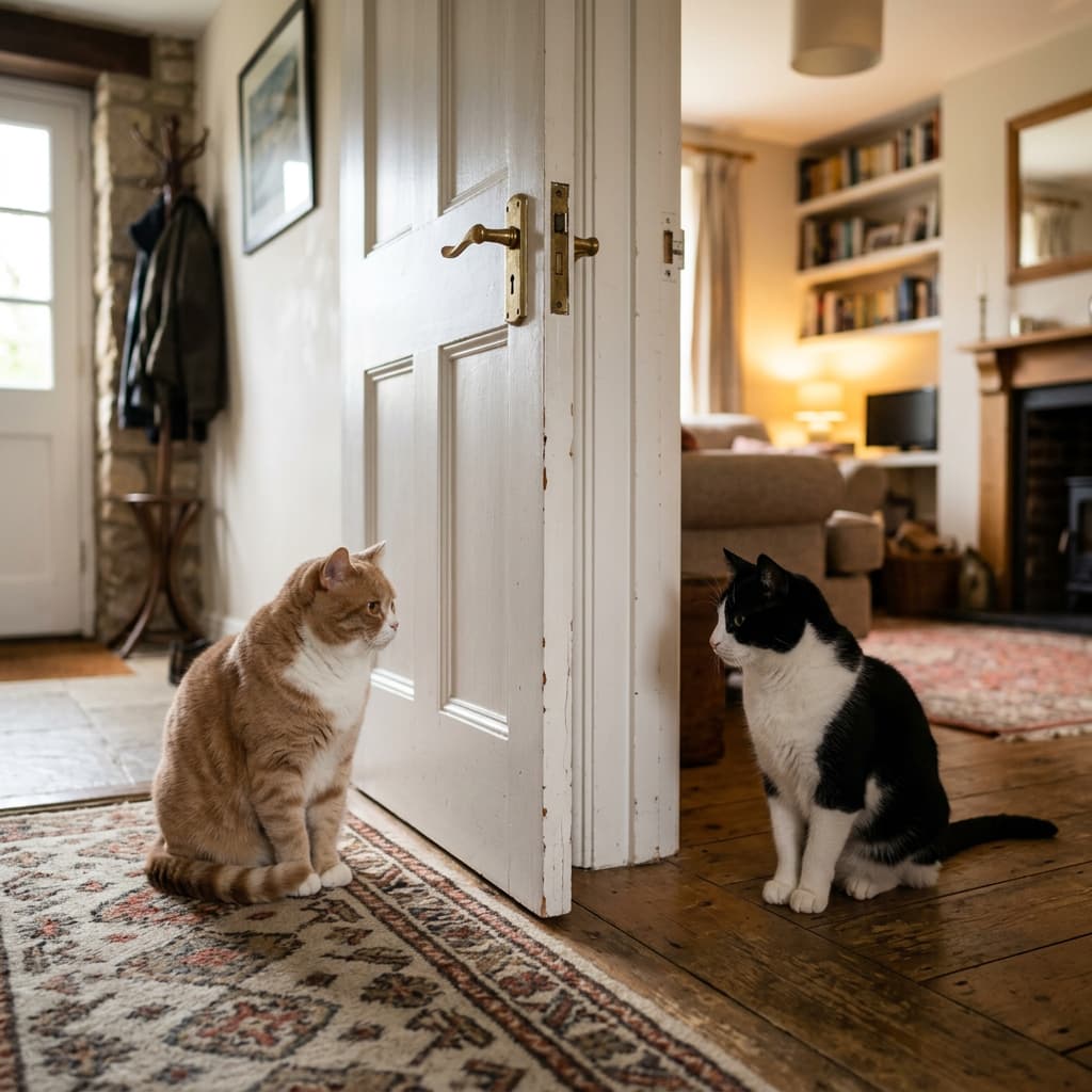 A new cat cautiously exploring a cosy room in its new home