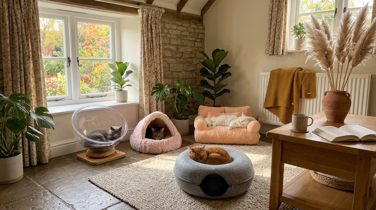 Four cats relaxing in different cat beds, including a cave bed, donut bed, pet sofa and window hammock, in a cosy living room