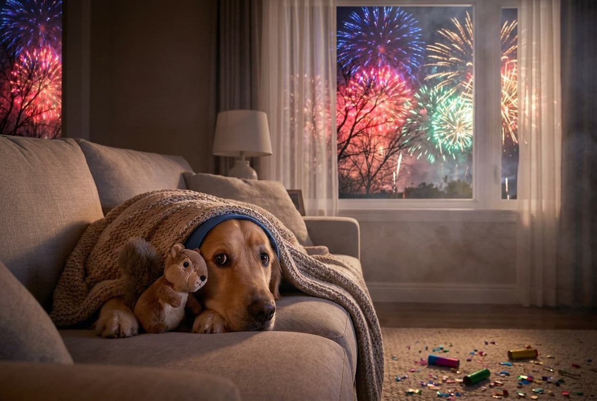 A dog hiding under a blanket on a sofa in a dark sitting room hiding from fireworks that can be seen out the window