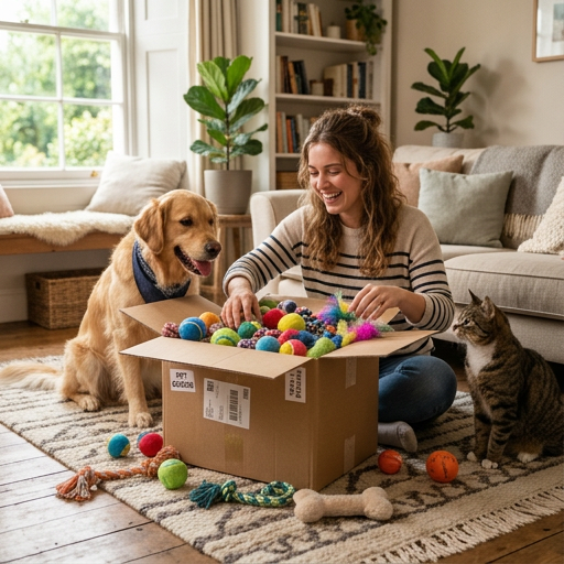 Woman her cat and dog looking into a cardboard box full of dog toys from Urban Pet Shop