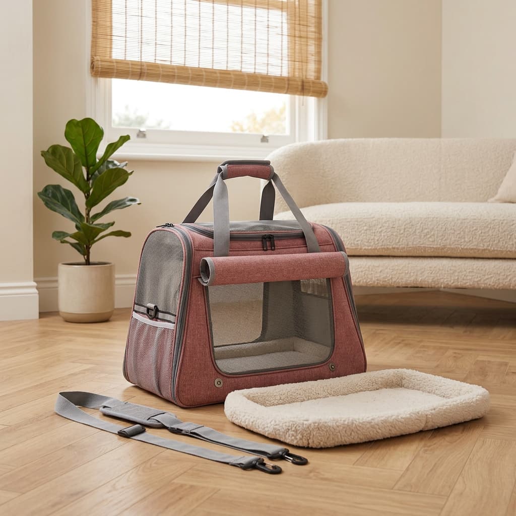 A dusty rose and grey pet carrier bag with a matching fleece pet bed and straps, displayed on a wooden floor in a cozy living room setting.