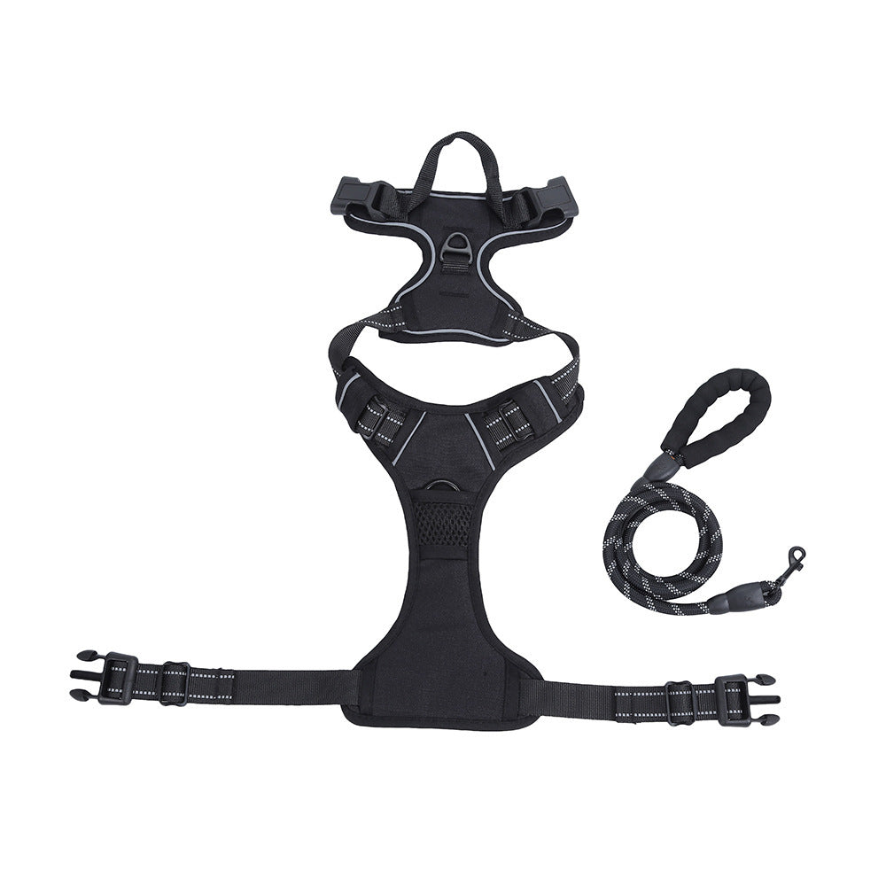 Black dog harness and leash set on a white background