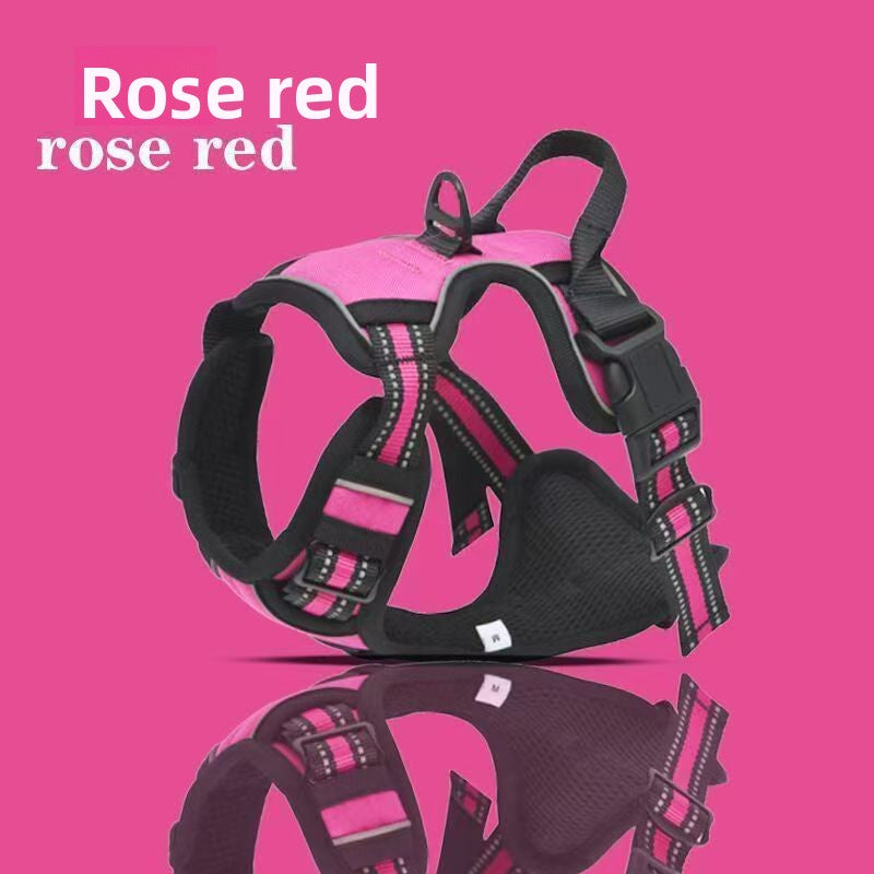 Black dog harness with pink accents on a pink background