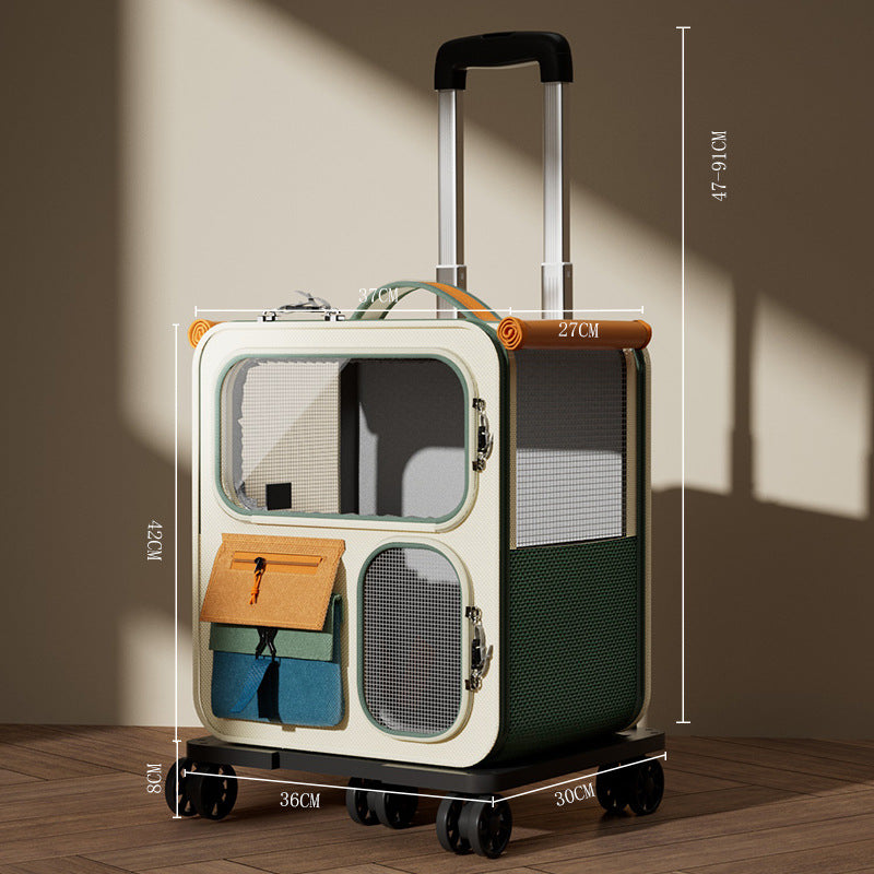 Multifunctional suitcase with transparent front panel on a wooden floor.
