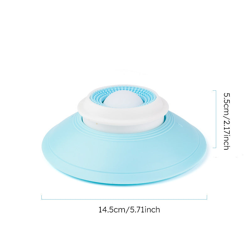 Light blue and white pet slow feeder with measurements on a white background