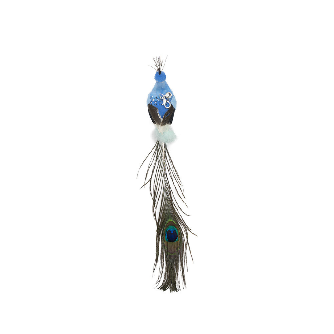 Decorative peacock feather charm on a white background