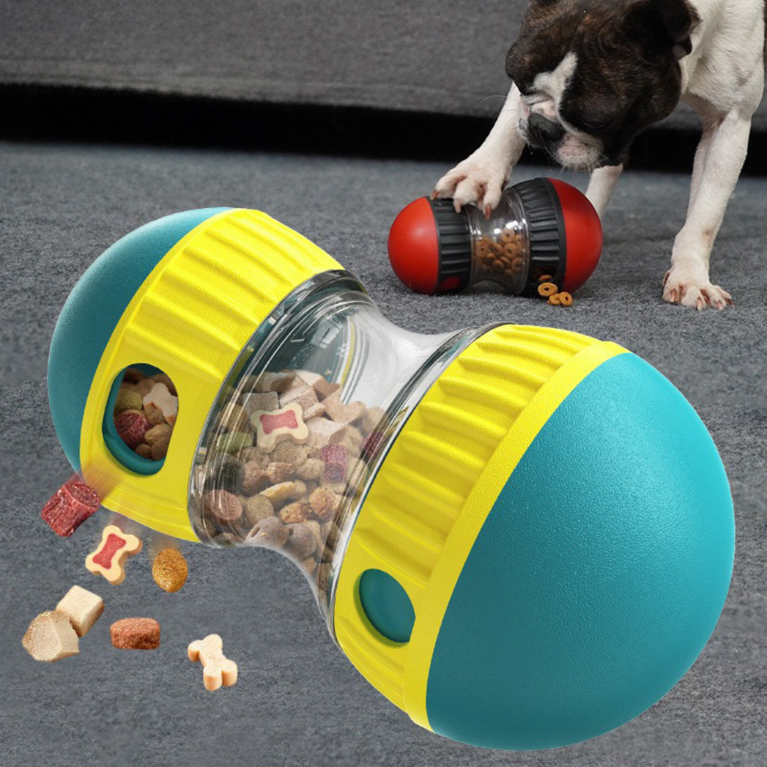 Pet toy with a transparent center filled with treats, next to a dog interacting with it.