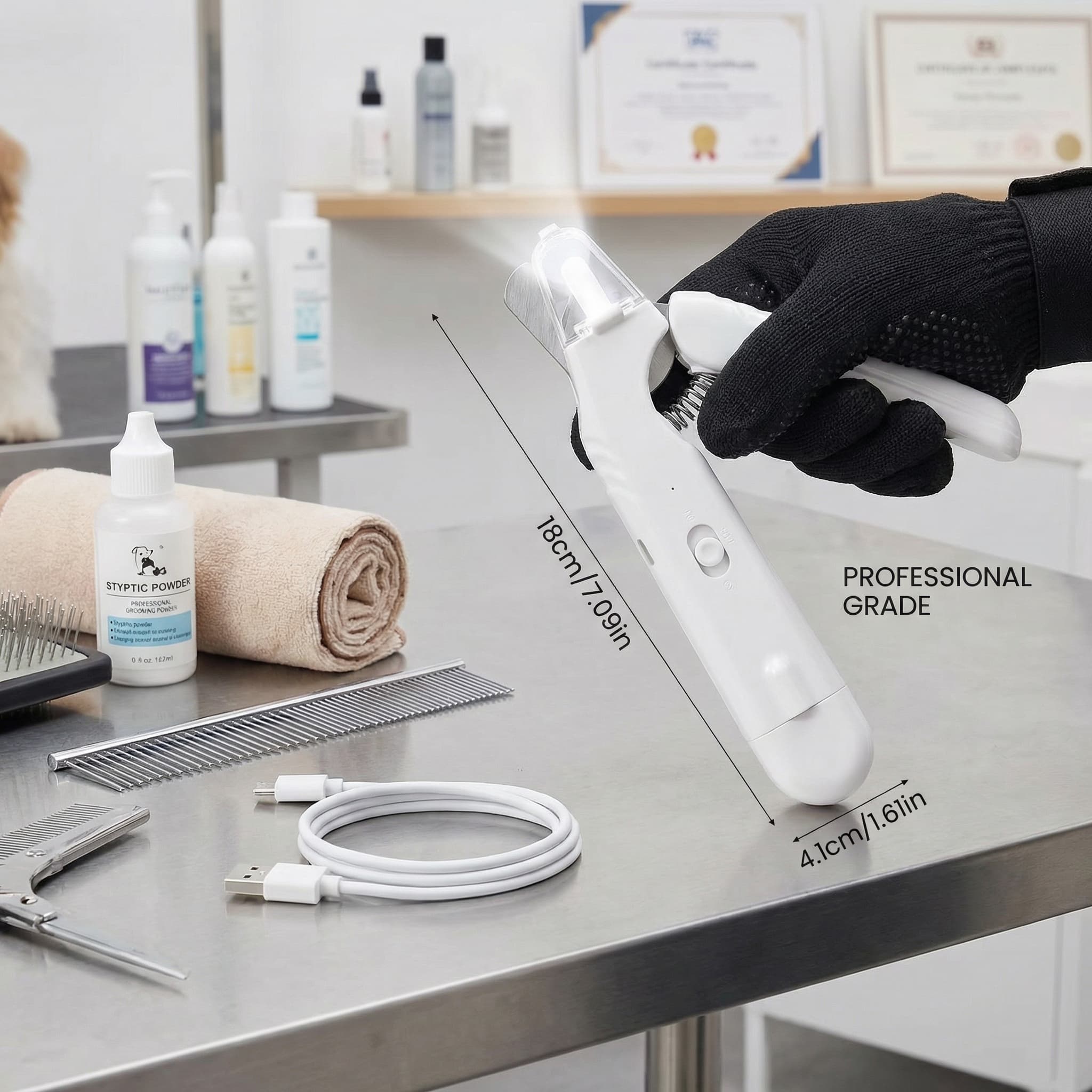 White grooming tool with black glove on a table with measurement details