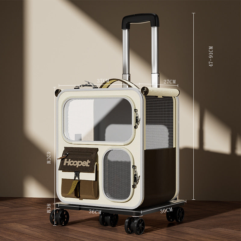 Pet carrier with wheels on a wooden floor, featuring the brand 'Hoopet'.