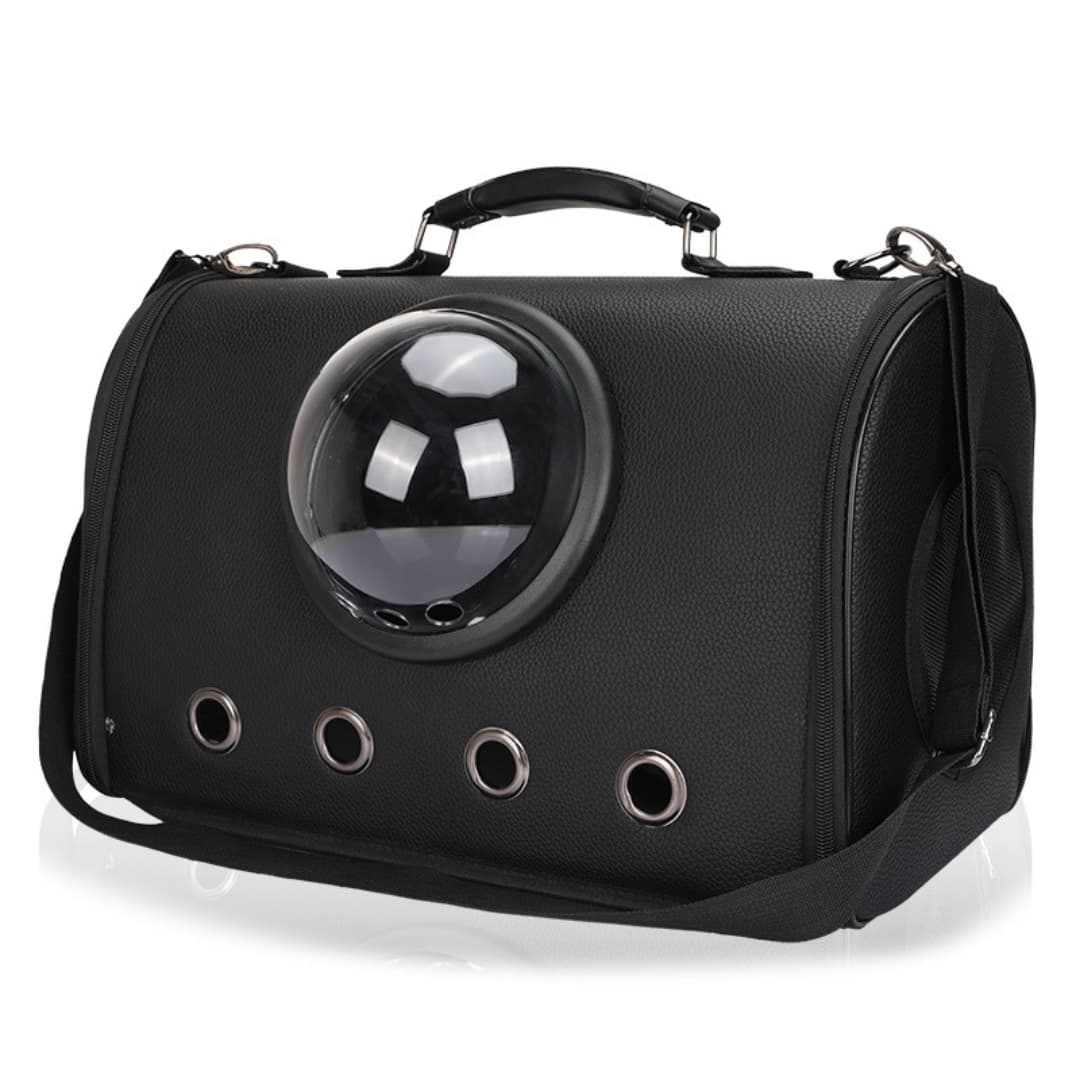 Black pet carrier with a transparent bubble on a white background