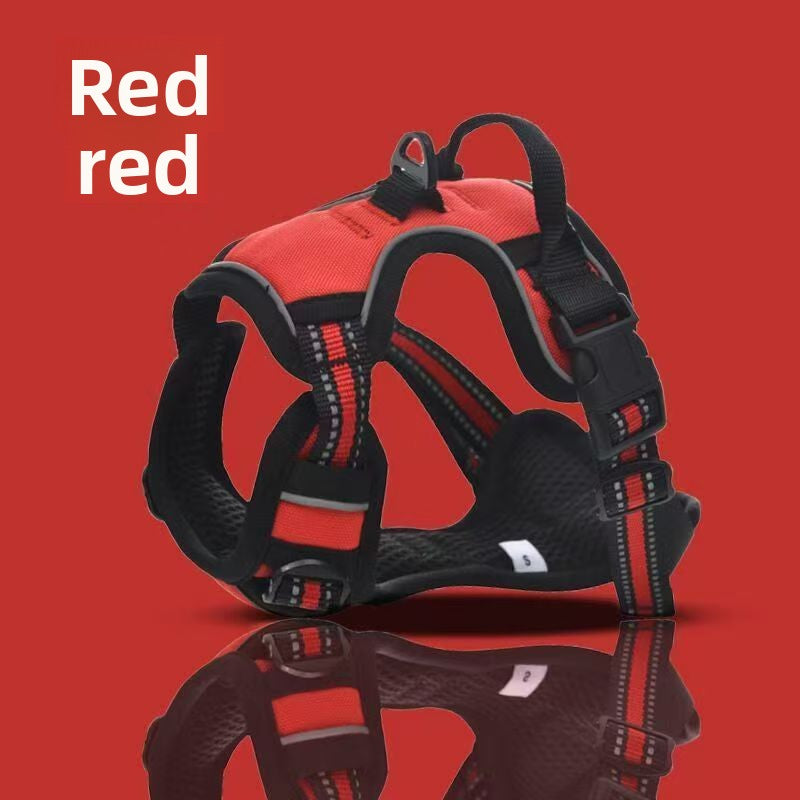 Black and red dog harness on a red background