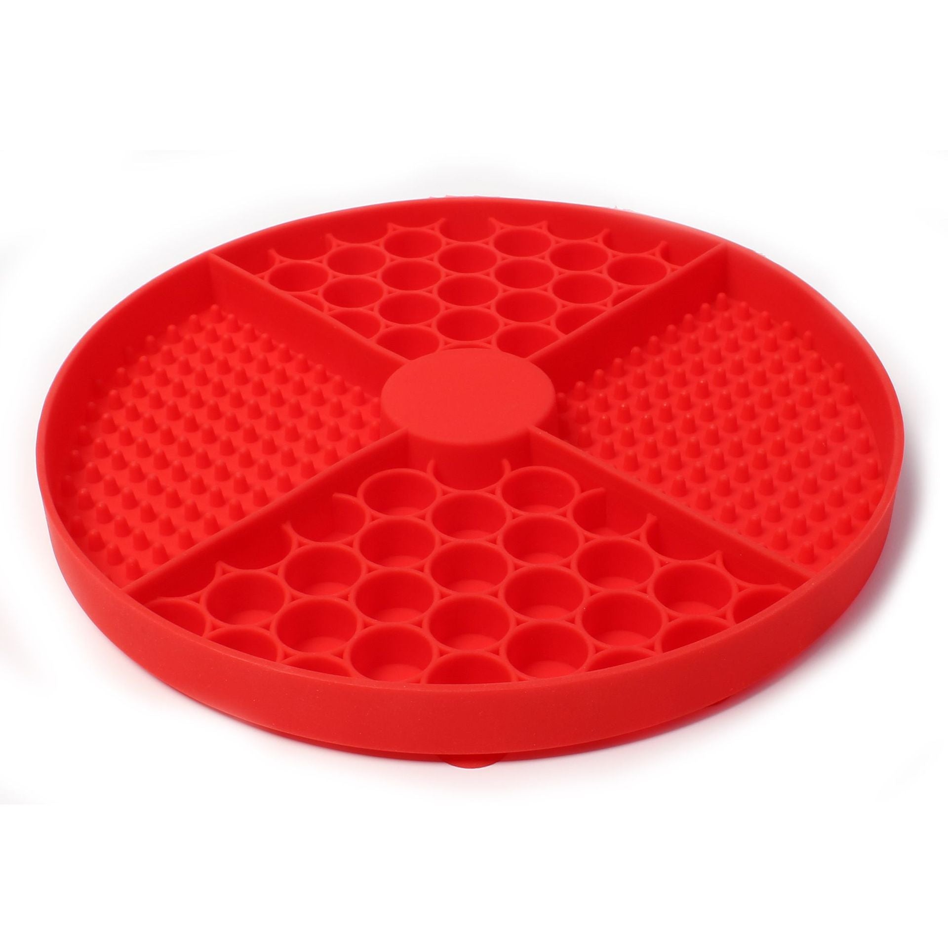 Red silicone tray with honeycomb pattern on a white background