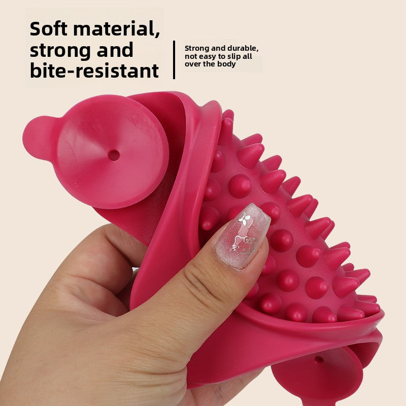 Pink textured dog toy held by a hand with text about its properties on a beige background