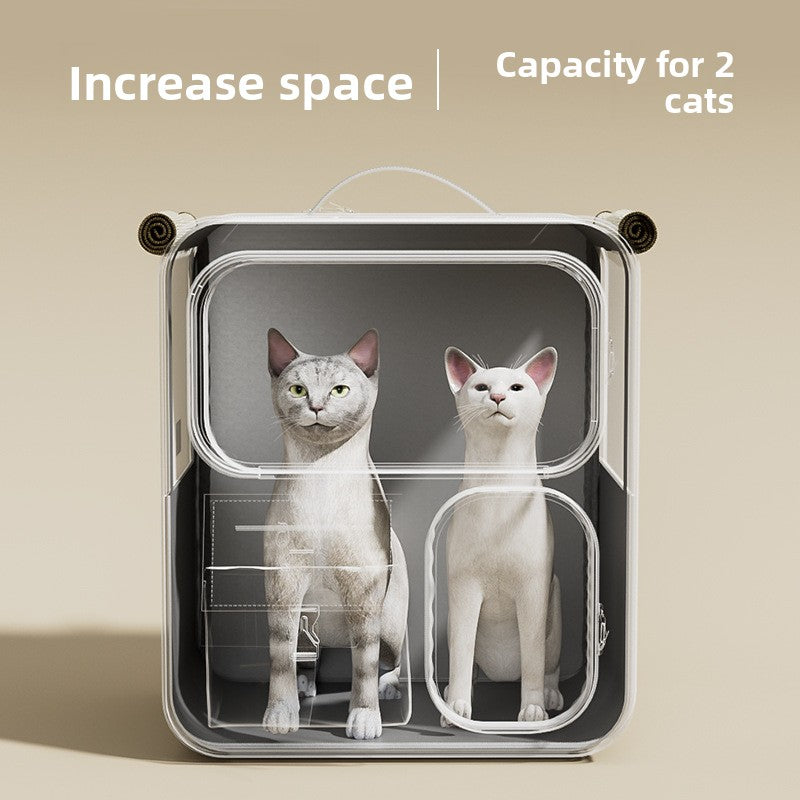 Pet carrier with two cats inside, labeled 'Increase space Capacity for 2 cats' on a beige background