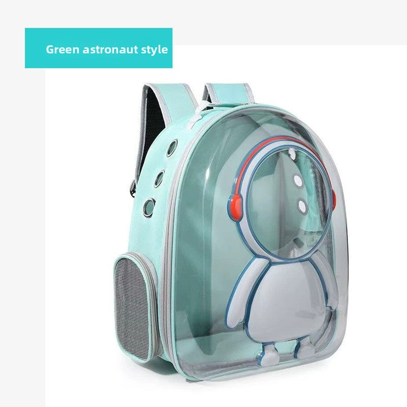 Green astronaut-style backpack with a clear front panel featuring a cartoon character on a white background.