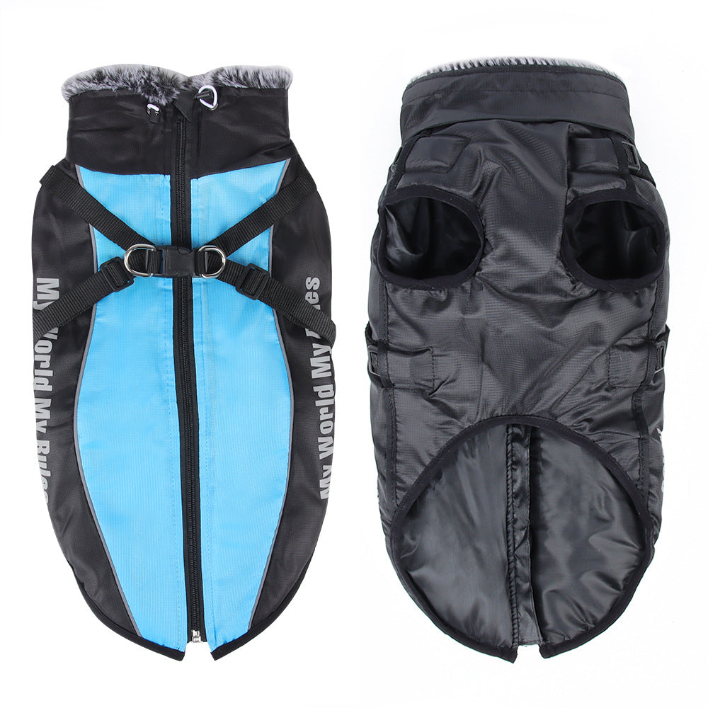 Black and blue dog coat with fur-lined hood on a white background