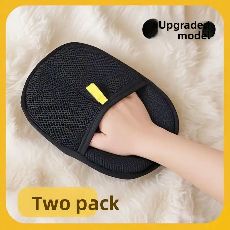 Black furniture hair removal glove with a hand inside on a white background, labeled 'Two pack' and 'Upgrade model'.