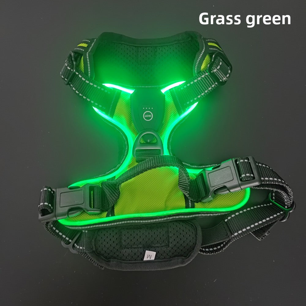 Grass green LED dog harness on a dark background