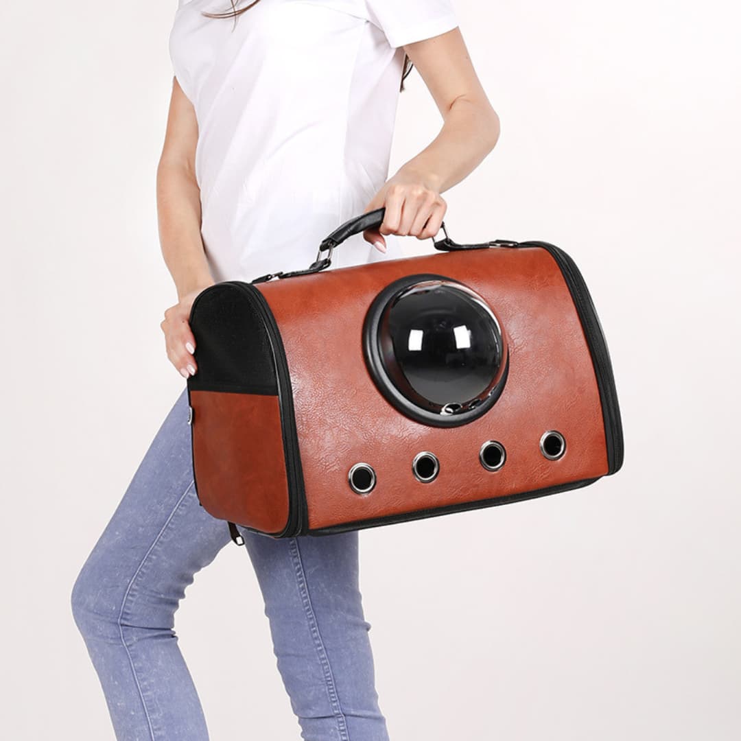 Person holding a brown pet carrier with a transparent front panel on a white background