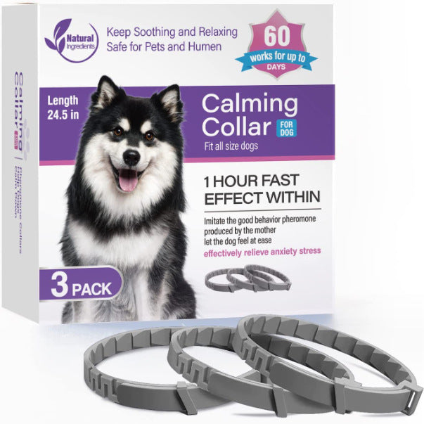 Box of a calming collar for dogs with a dog on the packaging and collars in front.