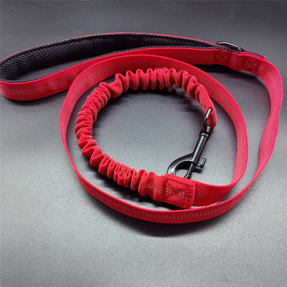 Red dog leash with a metal clip on a gray background