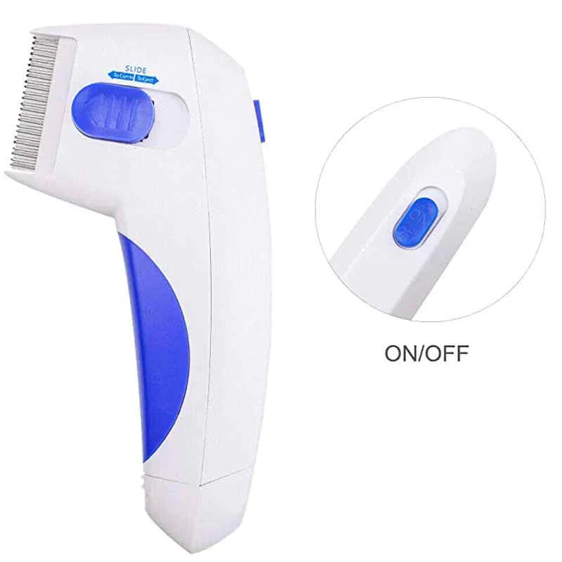 White and blue pet flea removal tool with on/off switch on a white background