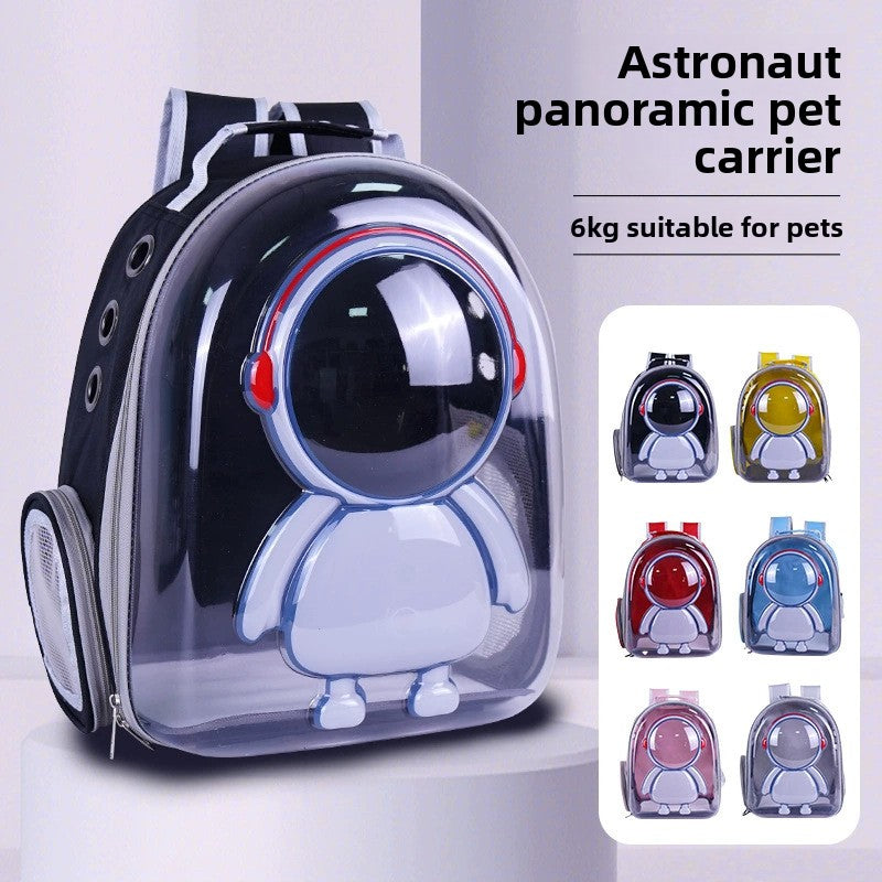 Astronaut-shaped pet carrier with clear front, suitable for small pets, on a white background.